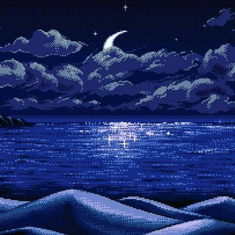 Black And Blue Wallpaper, Pixel Art Landscape, Goodnight Moon, Pixel Art Background, Cool Pixel Art, Arte Van Gogh, Pix Art, Blue Anime, Cloud Wallpaper