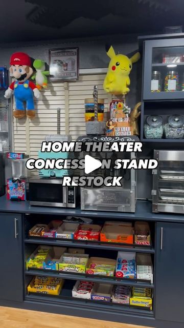 Ibrahim Yusuf on Instagram: "I’ve had many requests in the past for a Home Theater Concession restock video. But its really rare when I need to do one. But I ran out of some candy and drinks so heres a restock video 😂 👍 

#restockasmr #restocking 
#restock #hometheater #home #candy #snacks #food #drinks #restocking #movie #movieroom #fyp #viral #athome #interiordesign #built #homedecor" Snack Room Ideas, Home Theater Snack Bar Ideas, Basement Snack Bar Ideas, Movie Room Snack Bar, Movie Room Snack Bar Ideas, Home Theater Concession, Movie Theater Snack Bar, Theater Snack Bar, Home Theater Snack Bar