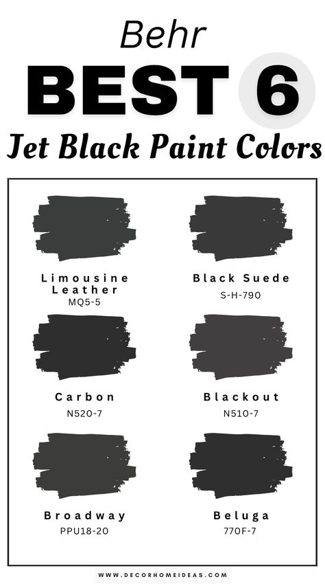 Explore the six best jet-black paint colors by Behr, perfect for adding depth and style to your home. Whether you're updating walls, cabinets, or exteriors, these rich shades offer a sleek, modern aesthetic. Discover how these timeless hues can enhance any space with bold sophistication! Black Paint For Interior Doors, Behr Black Paint, Behr Black Paint Colors, Black Paint Colors, Black Paint Color, Best Black, Accent Walls, Bold Black, Modern Aesthetic