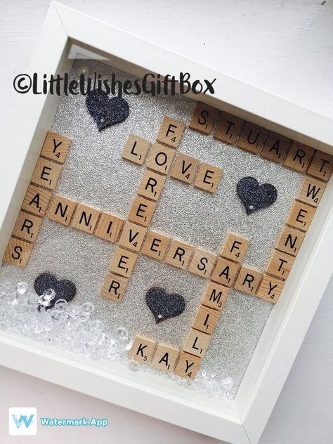 Wedding Anniversary Scrabble box frame Silver, Ruby, Golden, Diamond, freestanding or wall hung, wal Scrabble Wedding, 60 Anniversary, Handmade Anniversary Gifts, 25 Year Anniversary Gift, Scrabble Tile Crafts, Scrabble Crafts, 50th Wedding Anniversary Party, Diy Anniversary Gift, Homemade Anniversary Gifts