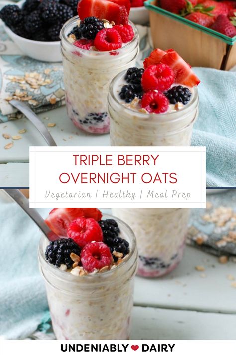 Triple Berry Overnight Oats, Overnight Oats Mixed Berry, Overnight Oats With Raspberries, Overnight Berry Oats, Overnight Oats Recipe Raspberry, Frozen Berry Recipes Healthy, Berry Overnight Oats Healthy, Overnight Oats With Berries, Over Night Oats With Greek Yogurt