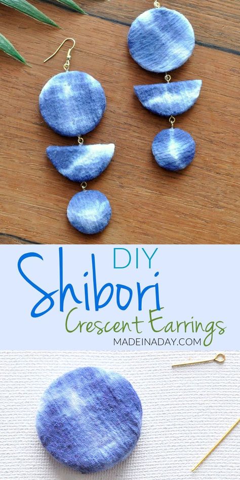 Shibori Crescent Earrings, tie dye, lightweight earrings made of foam and covered with shibori fabric, dangle earrings, diy drop earrings, indigo Diy Drop Earrings, Yellow Paper Flowers, Drop Earrings Diy, Dangle Earrings Diy, Diy Shibori, Textile Earrings, Diy Earrings Easy, Denim Earrings, Easy Wall Hanging