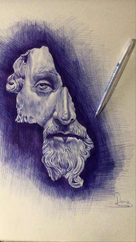 Biro Art Gcse, Biro Pen Art, Blue Pen Art, Bust Drawing, Ballpen Drawing, Biro Drawing, Biro Art, Ballpoint Pen Art, Scary Drawings