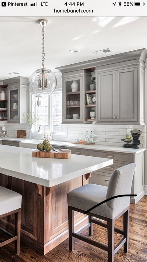 Craftsmen Kitchen, White Countertop, Kitchens Cabinets, Kitchen Goals, Kitchen Styles, Wood Island, Cabinet Wood, Gray Cabinets, New Kitchen Cabinets