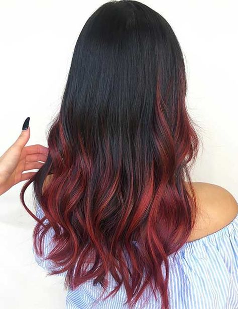 Balayage For Black Hair - Burgundy Red Balayage On Black Hair Red Balayage On Black Hair, Balayage On Black Hair, Grey Balayage, Hair Burgundy, Cheveux Oranges, Ombre Hairstyles, Auburn Balayage, Black Red Hair, Balayage Hairstyles