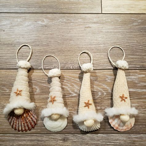 These Unique & Ooak Adorable Gnome Shell Ornaments Are Perfect For Your Coastal Christmas Tree Or Attached To A Wreath Or A Gift .... Or Purchase Several Sets To Make A Garland.. They Come Ready To Hang With A White Twine Loop Attached To The Back, And Would Make A Wonderful Gift For Someone Who Loves Beachy Decor Sea Shell Angels Diy, Handmade Witch Hat, Shells Decor, Seashell Ideas, Make A Garland, Red Ball Ornaments, Seashell Art Diy, Seashell Christmas Ornaments, Floral Christmas Tree