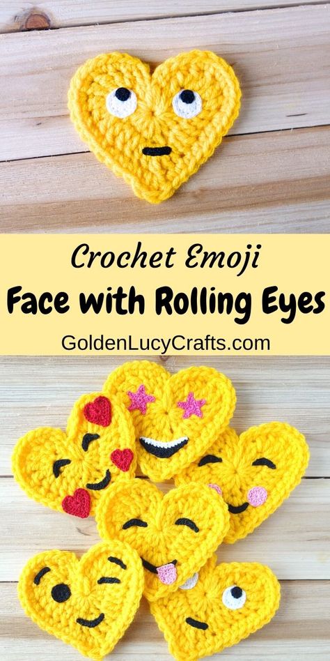 Crochet heart-shaped Face with Rolling Eyes Emoji, free crochet pattern. Crochet applique, crochet heart , decoration, embellishment. Crochet Emojis, Crochet Emoji, Eyes Crochet, Rolling Eyes, Emoji Patterns, Penanda Buku, Crochet Applique Patterns Free, Crochet Appliques, Heart Crochet