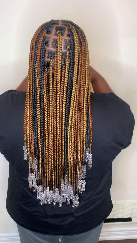 Small Medium Knotless Braids With Beads, Brown Braids For Black Women With Beads, Mid Back Knotless Braids With Beads, Black And Brown Braids With Beads, Knotless Box Braids Medium With Beads, Box Braids With Beads At The End, Medium Box Braids With Beads, Small Knotless With Beads, Brown Braids With Beads