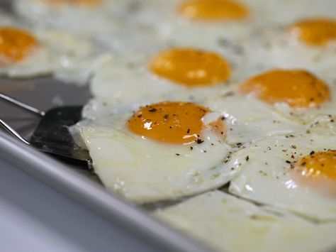 Say hello to the easiest way to make fried eggs for a crowd. In fact, this sheet pan technique for frying eggs might just be the best thing to happen to breakfast since oven baked bacon. Eggs For A Crowd, Fried Egg Recipes, Oven Baked Bacon, Pastas Recipes, Breakfast For A Crowd, Baked Bacon, Huevos Fritos, Cooking For A Crowd, Coconut Macaroons