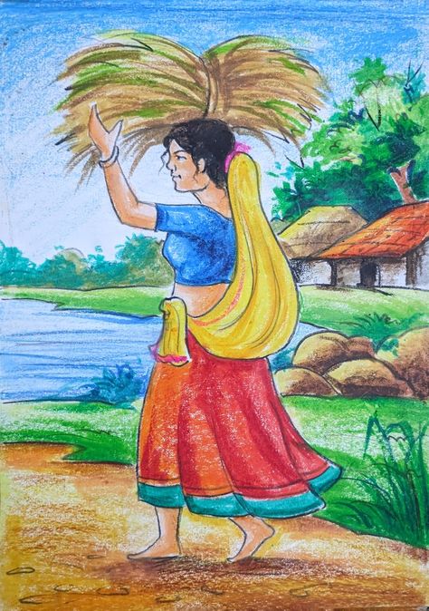 Scenery Drawing With Human, Scenery Painting With Human, Village Women Drawing, Village Landscape Drawing, Easy Human Drawings, Pastel Scenery Drawing, Oil Pastel Scenery, Village Scenery Drawing, Watercolor Scenery Painting