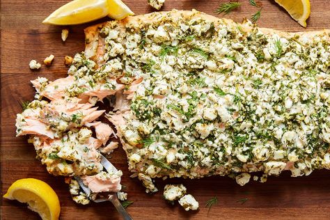 Feta and Herb Crusted Salmon Feta And Herb Crusted Salmon, Mediterranean Salads, Herb Crusted Salmon, Pescatarian Meals, Cena Keto, Spring Meals, Inexpensive Dinners, Oven Baked Salmon, Recipes Seafood