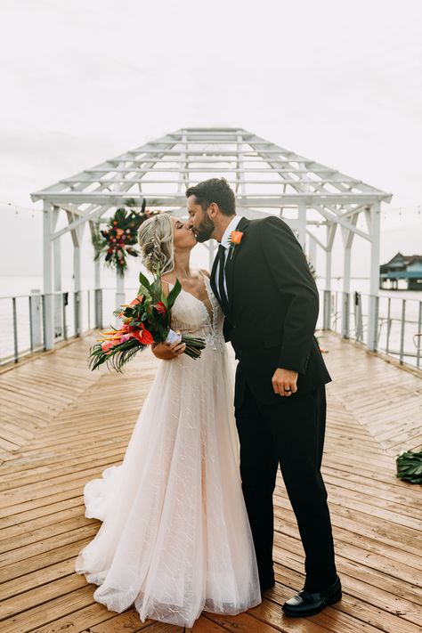 Tropical Boho Bride and Groom Excited After Exchanging Vows, Bride in Flowy Deep V Neck Wedding Dress, Colorful Floral Arrangements | Tampa Bay Wedding Venue The Godfrey | Wedding Planner Elope Tampa Bay | Wedding Florist Brides N Blooms | Wedding Dress Nikki's Glitz and Glam | Wedding Hair and Makeup Femme Akoi Beauty Studio | Amber McWhorter Photography Tampa Elopement, Glam Wedding Hair, Tropical Wedding Inspiration, Tropical Boho, Wedding Vendor, Bay Wedding, V Neck Wedding Dress, Beauty Studio, Glam Wedding