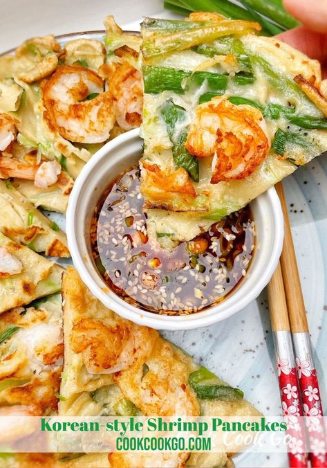 Korean Shrimp Recipe, Shrimp Pancakes, Korean Shrimp, Asian Pancakes, Korean Seafood Pancake, Korean Breakfast, Seafood Pancake, Korean Pancake, Shrimp Toast