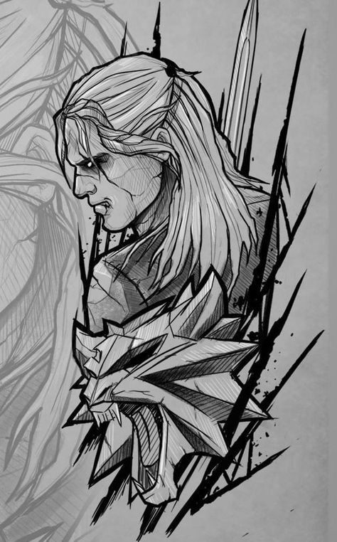 Witcher 3 Tattoo Ideas, The Witcher Art Drawing, The Witcher Tattoo Design, Grafitti Art Style, Geralt Of Rivia Tattoo, The Witcher Drawings, Geralt Drawing, The Witcher Sketch, Witcher Tattoo Design