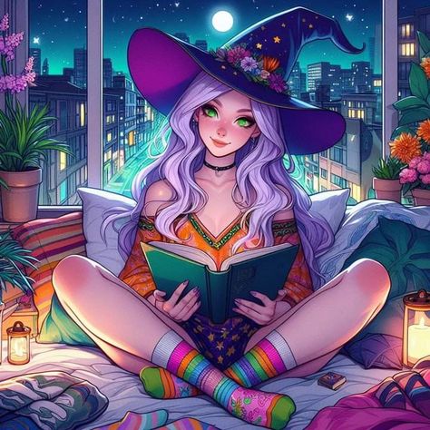 Witchy Pictures Witch Art, Witch Reading A Book Art, Brunette Witch Art, Halloween Witch Art, Witch Artwork, Halloween Witch Art Anime, Purple Hair Witch Art, Pretty Witch, Witch With Black Cat Art