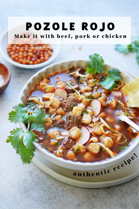 Beef Pozole Recipe, Beef Pozole, Red Pozole, Pozole Rojo Recipe, Mexican Pozole, Posole Recipe, Pozole Recipe, Traditional Mexican Dishes, Mexican Dish