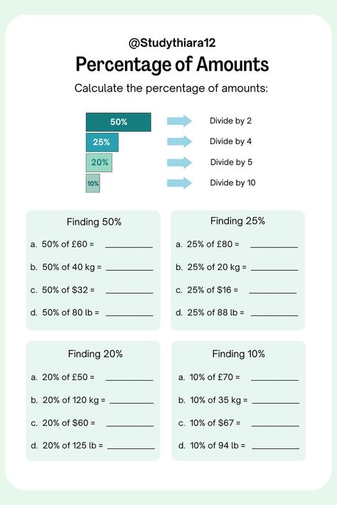 Percentage of Amounts: Practice Drill Workbook Calculating Percentages, Percentages Math, Math Tutorials, Math Workbook, Printable Math Worksheets, Math Practices, Learning Math, Math Worksheets, Math Lessons