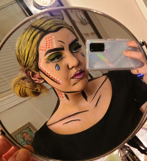 Pop Art Costume Outfit, Comic Book Makeup For Women, Pop Art Face Paint, Comic Book Makeup Halloween, Pop Art Makeup Ideas, Pop Comic Makeup, Theatre Photoshoot, Pop Art Costume Makeup, Comic Makeup Pop Art Halloween Costumes