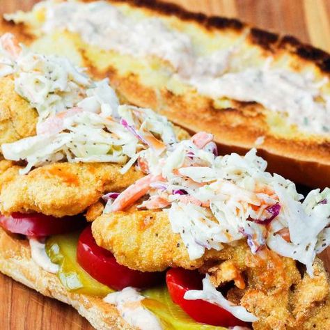 fried catfish po-boy Fried Catfish Recipes, Po Boy Sandwich, Southern Fried Catfish, Catfish Recipes, Holistic Recipes, Fried Catfish, The Big Easy, Cajun Cooking, Fish Sandwich