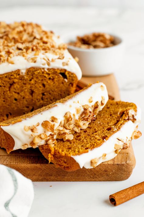 Pumpkin Bread with Cream Cheese Frosting via @mommakesdinner Pumpkin Bread Recipe Cream Cheese Frosting, Pumpkin Loaf With Cream Cheese Icing, Pumpkin Spice Loaf With Cream Cheese, Cream Cheese Frosting Pumpkin Bread, Frosted Pumpkin Bread, Pumpkin Bread With Frosting, Cream Cheese Icing For Pumpkin Bread, Pumpkin Bread With Cream Cheese Icing, Frosting For Pumpkin Bread