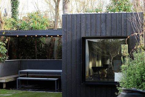 Black Garden Room Ideas, Garden Room With Pergola, Black Garden Shed, Charred Cladding, Garden Room Design, Garden Room Interiors, Garden Gym, Backyard Cabin, Contemporary Garden Rooms