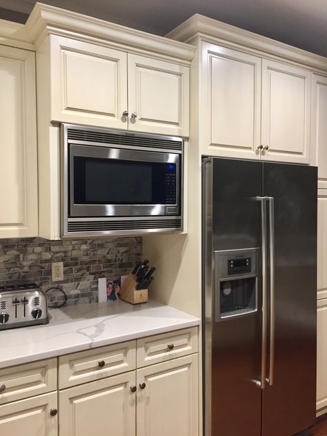 Microwave Display Ideas, Cabinets With Microwave Built In, Microwave Next To Refrigerator, Built In Microwave Next To Fridge, Microwave Placement In Kitchen Ideas Upper Cabinets, Built In Microwave Ideas, Microwave Built In Cabinet, Built In Microwave Cabinet Ideas, Microwave In Cabinet