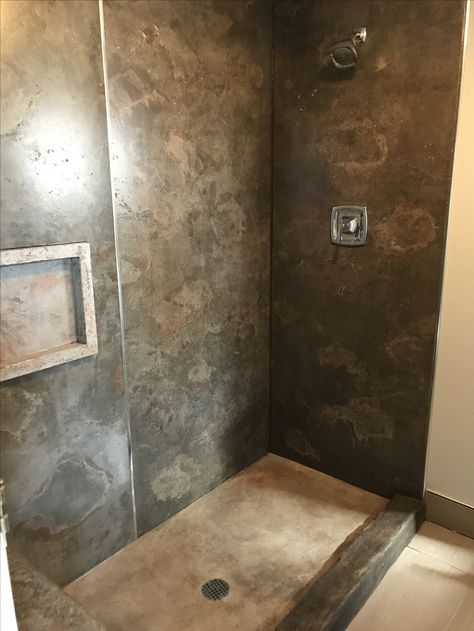 Concrete shower panel with carved stamped/carved pann and curb Stained Concrete Shower Floor, Quincy Washington, Bathroom Panels, Concrete Shower, Bathroom Paneling, Concrete Stained Floors, Concrete Panel, Shower Panel, Poured Concrete