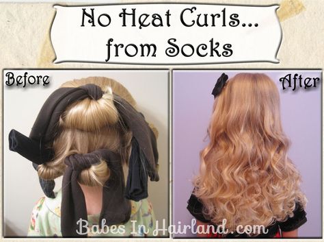 No Heat Curls - From Socks No Heat Curls, Sock Curls, Heat Curls, Curls Without Heat, Rollers Hair, Curl Tutorial, Vintage Curls, Hair Without Heat, Curls No Heat