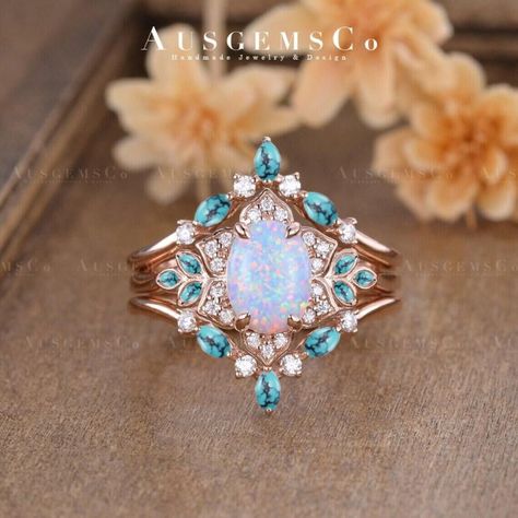 Opal And Turquoise Engagement Ring, Turquoise Wedding Jewelry, Opal Wedding Ring Set, Western Wedding Rings, Turquoise Wedding Rings, Opal Engagement Ring Set, Enhancer Ring, Pretty Engagement Rings, Dream Rings