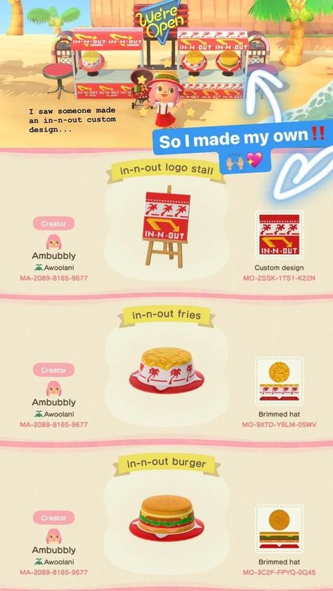 Burger Stand, In And Out Burger, Animal Crossing Custom Designs, Acnh Qr Codes, Acnh Patterns, Hello Kitty Phone Case, Ac Ideas, Acnh Custom Designs, Animal Crossing Clothes