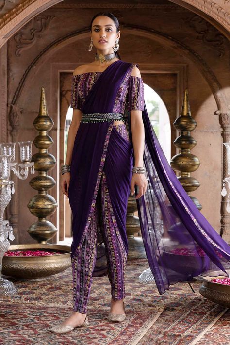 Pant Sari, Saree With Pants, Pant Saree, Purple Border, Dhoti Saree, Purple Saree, Embroidered Belt, Desi Clothes, Purple Pants