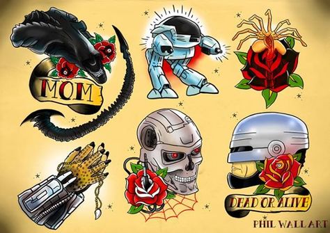 Alien, Robocop and Terminator flash. Terminator Tattoo, Geek Tattoos, Flash Sheets, Tattoo Posters, Movie Tattoo, Movie Tattoos, Traditional Tattoo Sleeve, Pop Art Drawing, Alien Tattoo