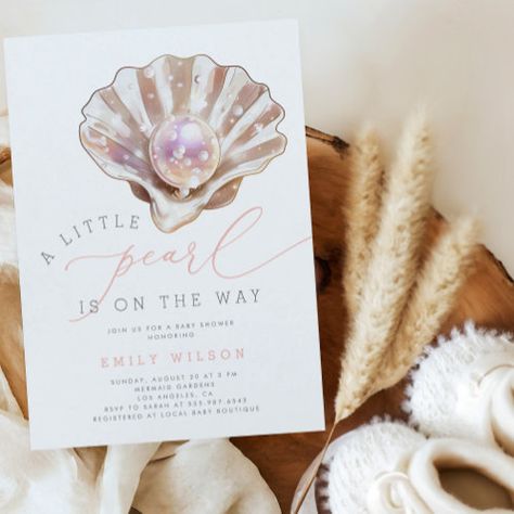 Watercolor Ocean little pearl Seashell Baby Shower Invitation | Zazzle Our Little Pearl Is On The Way, Water Theme Baby Shower Ideas, A Little Pearl Is On The Way, Pearl Baby Shower Ideas, Under The Sea Baby Shower Ideas For Boys, Ocean Themed Baby Shower Ideas, Under The Sea Baby Shower Ideas, Mermaid Baby Shower Ideas, Ocean Baby Shower Theme