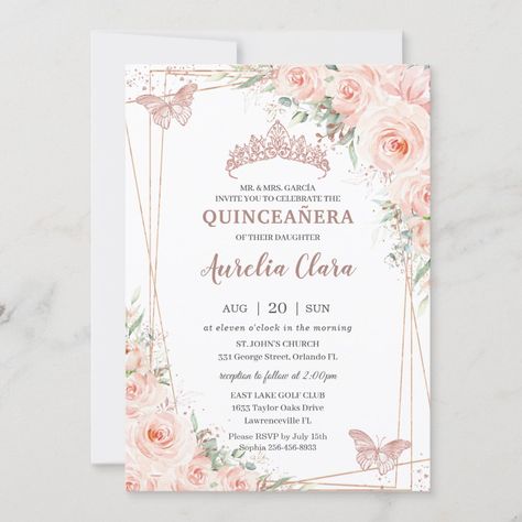 This chic Quinceañera invitation features a rose gold princess tiara, a geometric frame adorned by delicate watercolor blush floral and soft greenery foliage.   Personalize it with your details easily and quickly, simply press the customise it button to further re-arrange and format the style and placement of the text. Also great for Sweet 16! (c) The Happy Cat Studio Rose Gold Quince, Rose Gold Quinceanera, Quinceanera Pink, Quinceañera Invitation, Quinceanera Crown, Pink Quince, Quince Invitations, Butterfly Invitations, Quince Decorations