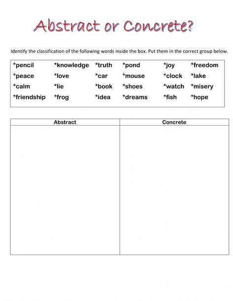 Abstract And Concrete Nouns Worksheets, Concrete Nouns Worksheets, Abstract Nouns Worksheet, Noun Activities, Collective Nouns Worksheet, Concrete And Abstract Nouns, Proper Nouns Worksheet, Concrete Nouns, Suffixes Worksheets