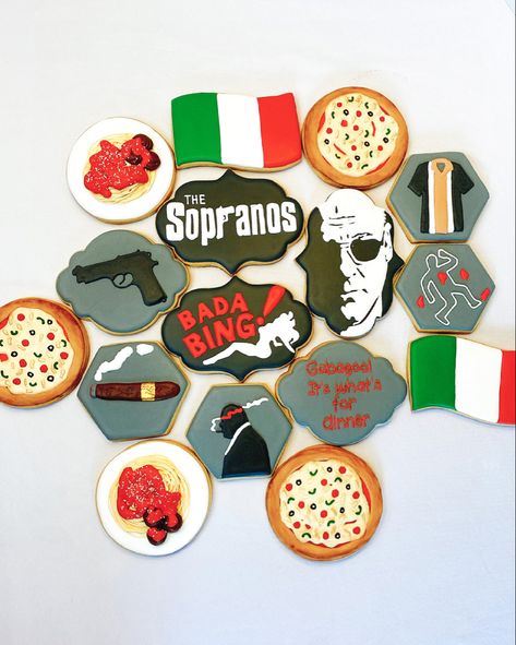 Sugar cookies decorated with royal icing Sopranos Birthday Cake, The Sopranos Party Theme, Soprano Birthday Party, Sopranos Party Theme, Godfather Cookies, Sopranos Themed Birthday Party, Sopranos Birthday Party, Mob Themed Birthday Party, Sopranos House