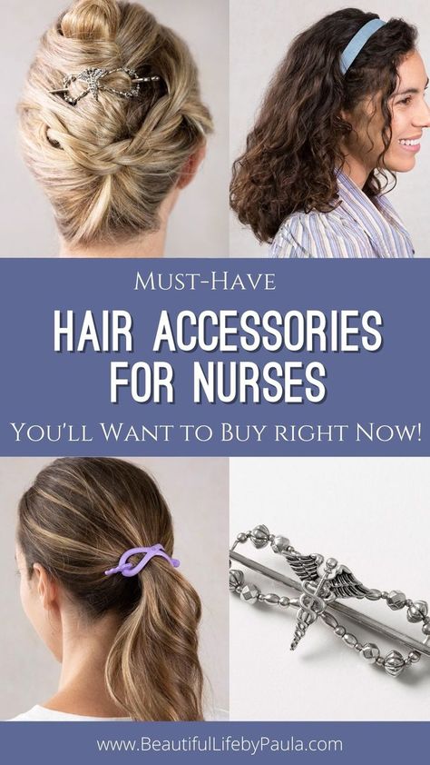 The best hair clips for nurses and the best hair accessories for nurses and healthcare practitioners that will securely keep your hair up all shift (or double-shift!) long, with NO headache! | nursing hair accessories | nurse hair clips Easy Hair Styles For Nurses, Hairstyles For Nursing Clinicals, Hair For Nursing Clinicals, Headband Hairstyles Updo Nurse, Hair Styles For Nurses With Long Hair, Nurse Hair, Nurse Hairstyles, Find Hairstyles, Beautiful Haircuts