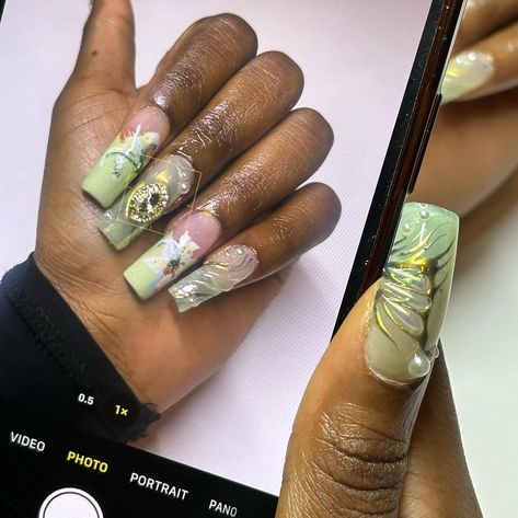 very princess and the frog coded 🐸👸🏾✨🪷 #nailart #gelxnails #gelx #nailinspo #londonnailtech Princess And The Frog Themed Nails, Princess And The Frog Nails, Frog Nails, Themed Nails, 18th Bday, London Nails, Princess And The Frog, March 3, Formal Hairstyles