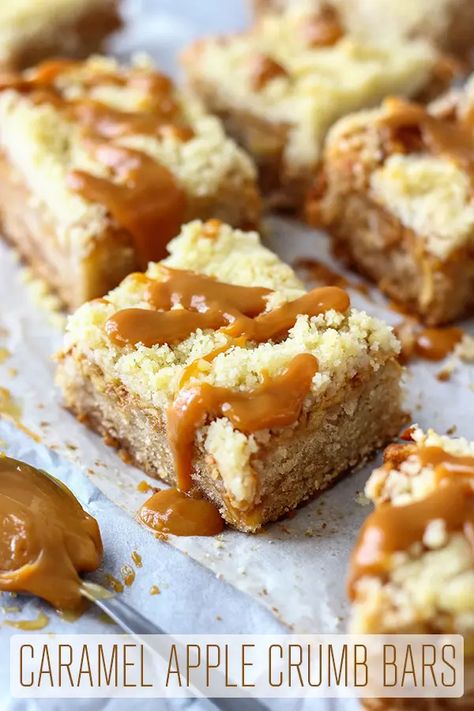 Sweeten up your day with these caramel apple crumb bars. Moist crust, topped with Dulce de Leche, apples and streusel topping. Caramel apple crumb bars with streusel topping. #caramel #crumbbars #streusel #dulcedeleche #desserts Reunion Recipes, Gathering Recipes, Yummy Fall Desserts, Gluten Free Caramel Apples, Apple Crumb Bars, Gluten Free Caramel, Apple Dessert Recipes Easy, Sweet Bars, Caramel Apple Crisp