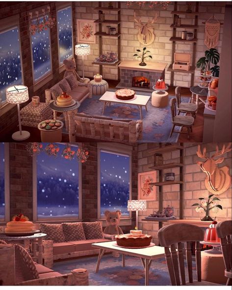 Acnh Cozy Island Ideas, Animal Crossing Cozy Living Room, Cozy Animal Crossing Island, Cozy Animal Crossing, Acnh Areas, Acnh Landscaping, Acnh Living Rooms Ideas, Acnh House, Cozy Winter Cabin