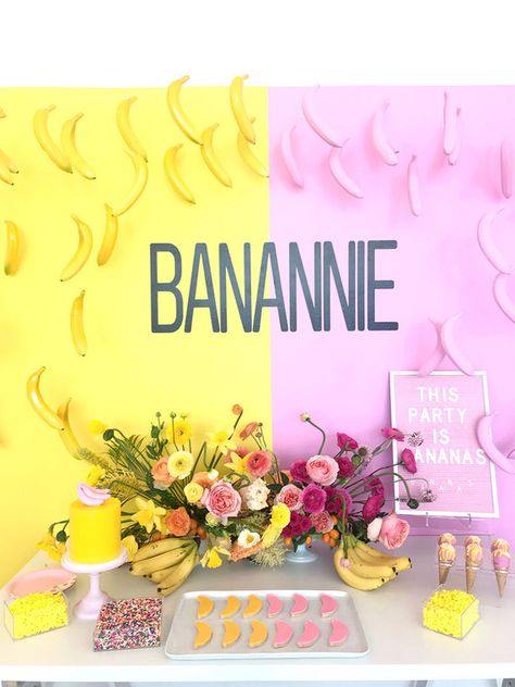 Museum of Ice Cream inspired Banana birthday party Banana Party Decorations, Banana Theme Party, Banana Birthday Theme, Banana Themed Birthday Party, Banana Birthday Party, Girl Birthday Party Crafts, Banana Birthday, Baby Tv Cake, Baby Couch