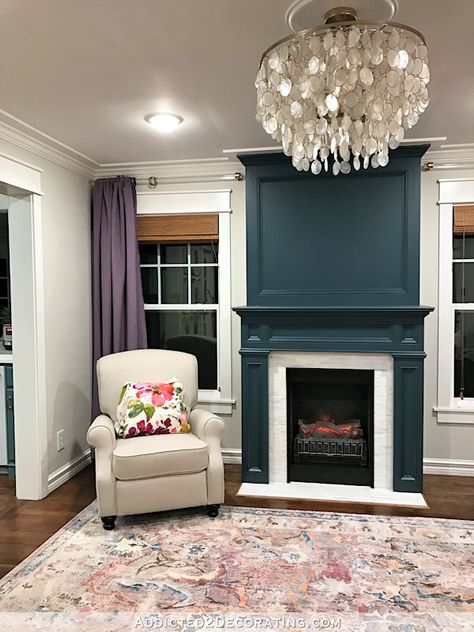 The Middle Is The Worst, But Will Later Be The Most Encouraging (And Why You Should Take Lots Of Pictures Of Your Remodels) Teal Fireplace Wall, Fireplace Flush With Wall, Teal Fireplace, Painted Fireplaces, Painted Fireplace Mantels, Reading Room Decor, Grey Fireplace, Fireplace Update, Brick Fireplace Makeover