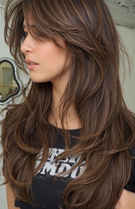 Rich Chocolate Wind-Swept Layers with Curtain Bangs, Cute Layered Hairstyle For Long Hair, long layered haircut Side Swept Bangs Long Hair, Half Long Hair, Layers With Curtain Bangs, Haircut Ideas Brown Hair, Ideas Haircut, Bangs Ponytail, Layered Haircuts With Bangs, Bubble Ponytail, Hair Dye Ideas