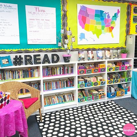 Colorful classroom library organization ideas from Lessons with Laughter Classroom Library Organization, Mommy Ideas, Classroom Pictures, Classroom Tour, Class Library, Library Organization, Bilingual Classroom, 5th Grade Classroom, Book Baskets