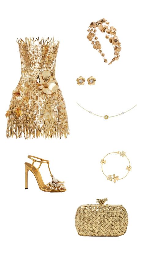 Golden Birthday Outfit, Gold Outfit Aesthetic, Glitz And Glam Outfit, Gold And White Outfit, Stunning Dresses Gowns, Nye Dresses, Club Attire, Nye Dress, Gold Outfit