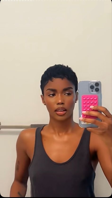 Outfits With Short Hair Black Women, Black Pixie Cut Black Women, Black Woman Pixie Hairstyles, Bald Spot Cover Up Women, Nia Long Pixie Cut, Eva Apio Short Hair, Pixie Cut Styles Black Women, Short Hair Slicked Back Black Woman, Tony Braxton Short Hair