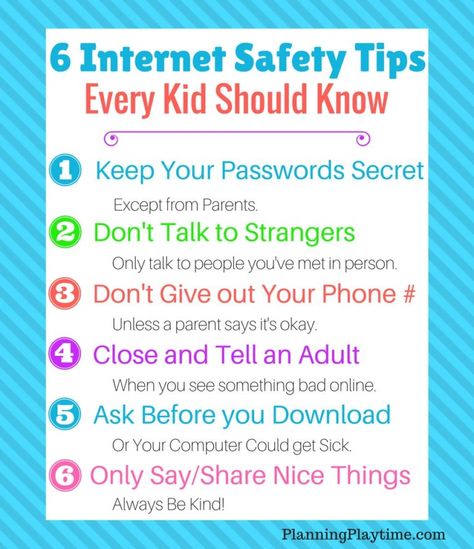 https://planningplaytime.com/safety-tips-kids Internet Safety Lessons, Internet Safety Rules, Internet Safety Activities, Teaching Safety, Safety Rules For Kids, Internet Safety Tips, Computer Safety, Internet Day, Internet Safety For Kids