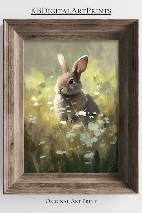 This stunning digital art print featuring a rabbit in a lush meadow. The soft pastel colors and delicate brushstrokes capture the essence of springtime perfectly, while the vintage-inspired design adds a touch of timeless elegance. Hang this beautiful print on your nursery wall or use it to add a touch of charm to any girls bedroom. Whether you're a lover of vintage style or simply looking for a sweet and charming piece of art, this digital print is sure to delight! #printableart #nurserydecor Vintage Animal Painting, Bunny Rabbit Art Paintings, Rabbit Painting Acrylic, Vintage Rabbit Artwork, Bunny Oil Paintings, Vintage Rabbit Painting, Nursery Bunny, Vintage Country Farmhouse, Nursery Drawings