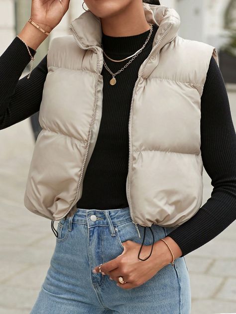 Beige Casual Collar Sans manches Étoffe Unicolore gilet Embellished Pas de l'extensibilité Vest Women Outfit, Alaska Outfits, Gilet Outfit, Beige Puffer, Puffer Vest Outfit, Vest Outfits For Women, Plain Vest, Winter Outfits Warm, Beige Outfit