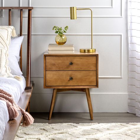 George Oliver Gertz Solid Wood Nightstand & Reviews | Wayfair Retro Bedside Table Ideas, Boho Bedroom Nightstand Bedside Tables, Bedside Table Boho, Small Wood Nightstand, Mid Century Bedding Ideas, Wood Bedside Tables, Bedside Table Wooden, Nightstand Wood, Solid Wood Nightstand